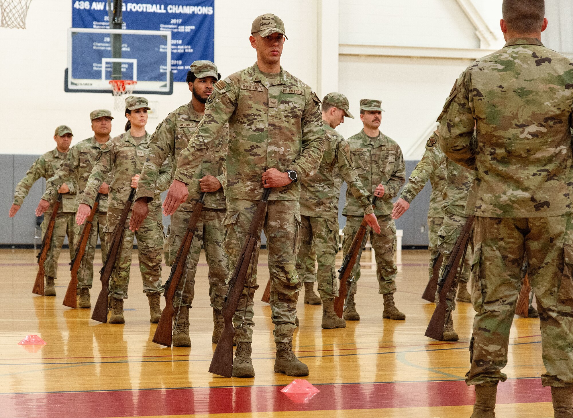 Former Dover Base Honor Guard members practice the ceremonial at ease command during a two-day try-out at Dover Air Force Base, Delaware, Sept. 5, 2024. Seventeen former BHG members went through a tryout process for ceremonial guardsman positions needed for the upcoming presidential inauguration ceremony scheduled in January 2025. (U.S. Air Force photo by Roland Balik)
