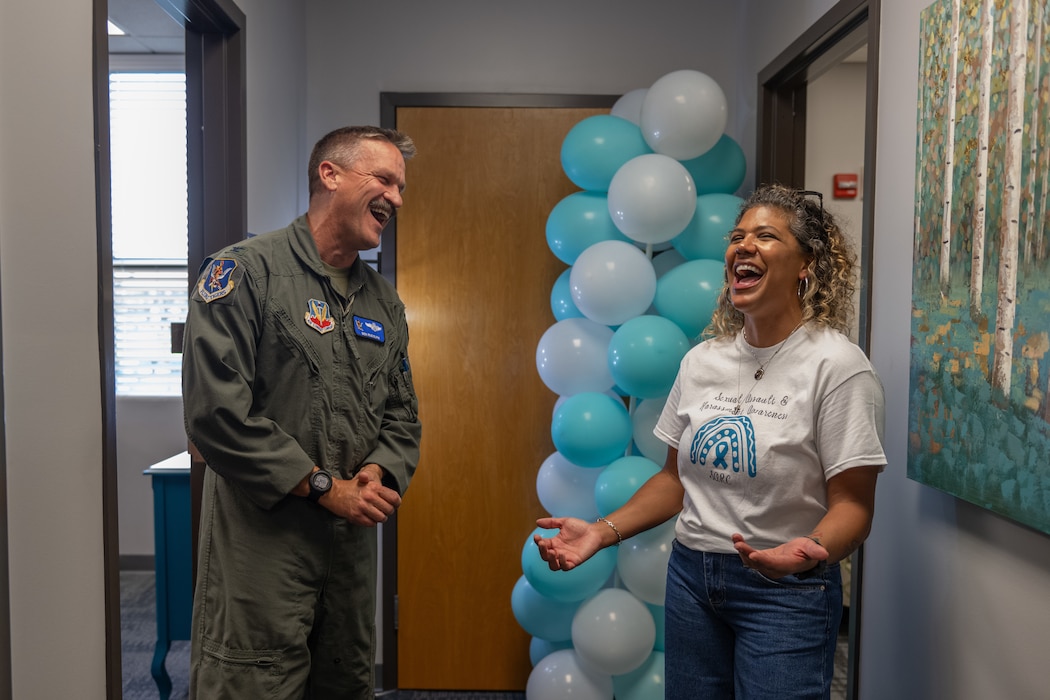 Luzmeilyn Camper, 23rd Wing Sexual Assault Response Coordinator gives a tour of the new Sexual Assault Prevention and Response office to U.S. Air Force Col. Ben Rudolphi, 23rd Wing deputy commander, at Moody Air Force Base, Georgia, Sept. 19, 2024. The new SAPR office renovations accommodated for more victim advocates as well as individual offices for increased privacy measures. (U.S. Air Force photo by Airman 1st Class Savannah Carpenter)