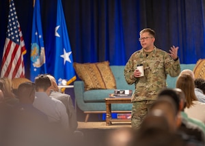 U.S. Air Force Maj. Gen. Parker Wright, Curtis E. LeMay Center for Doctrine Development and Education, and Air University deputy commander, speaks at the Leadership Educational Development eXperience: Kobayashi at Montgomery, Alabama, Oct. 30, 2024. LEDx: Kobayashi was a one-day event that focused on discussions surrounding leadership, innovation and strategy. (U.S. Air Force photo by Senior Airman Evan Porter)