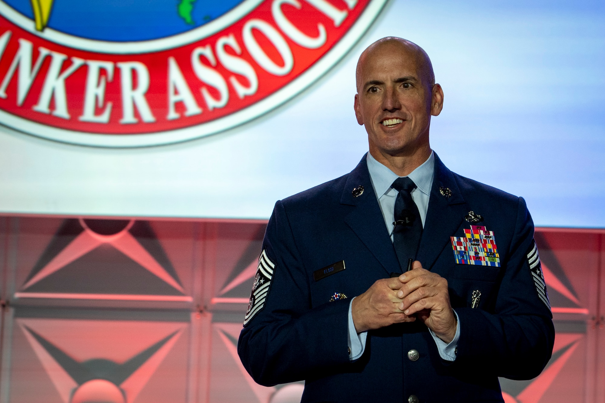 Chief Master Sgt. of the Air Force David Flosi addresses more than 1,000 Airmen, community leaders and industry partners during the 56th Annual Airlift/Tanker Association Symposium, Nov. 1, 2024, Grapevine, Texas. Flosi stressed the importance of Rapid Global Mobility and its vital role in an era of Great Power Competition. (U.S. Air Force photo by Staff Sgt. Dalton Williams)