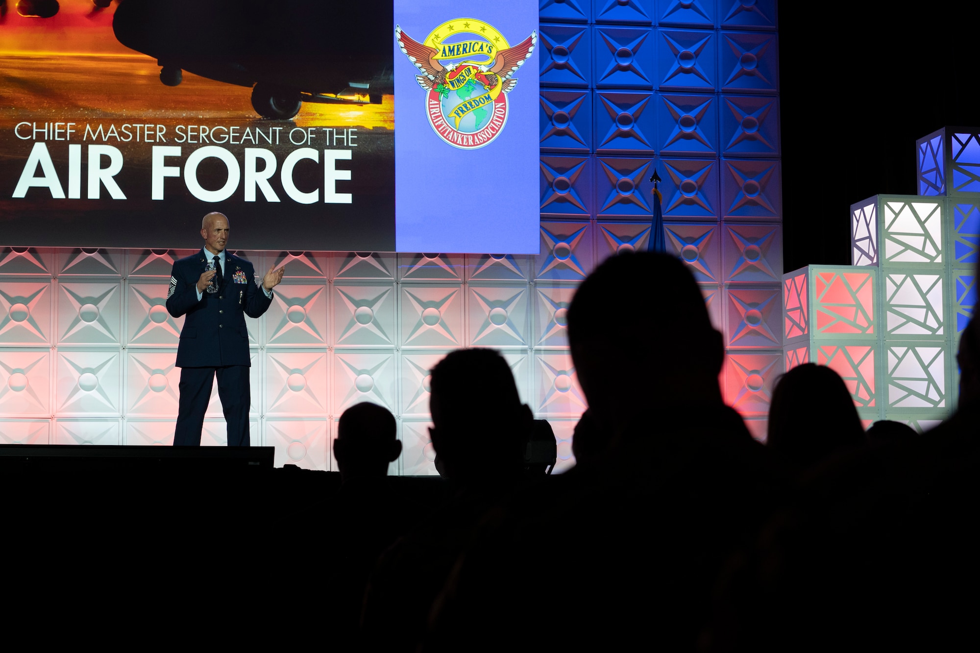 Chief Master Sgt. of the Air Force David Flosi addresses more than 1,000 Airmen, community leaders and industry partners during the 56th Annual Airlift/Tanker Association Symposium, Nov. 1, 2024, Grapevine, Texas. Flosi stressed the importance of Rapid Global Mobility and its vital role in an era of Great Power Competition. (U.S. Air Force photo by Staff Sgt. Dalton Williams)