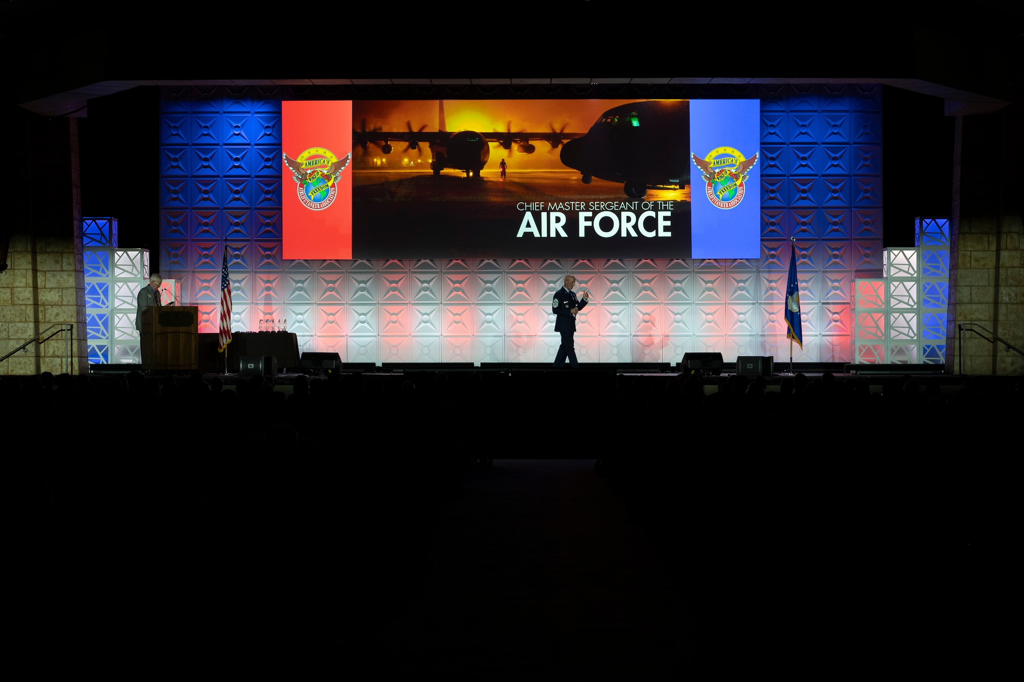 Chief Master Sgt. of the Air Force David Flosi addresses more than 1,000 Airmen, community leaders and industry partners during the 56th Annual Airlift/Tanker Association Symposium, Nov. 1, 2024, Grapevine, Texas. Flosi stressed the importance of Rapid Global Mobility and its vital role in an era of Great Power Competition. (U.S. Air Force photo by Staff Sgt. Dalton Williams)