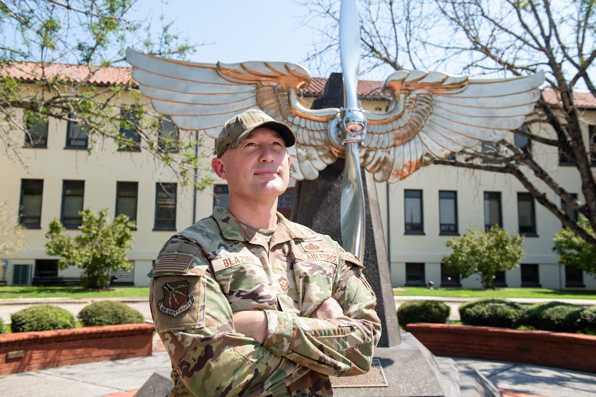 Chief Master Sgt. Stefan Blazier, Air University (AU) command chief, poses for a photo at Maxwell Air Force Base, Ala., Sept. 23, 2024.