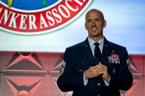 Chief Master Sgt. of the Air Force David Flosi addresses more than 1,000 Airmen, community leaders and industry partners during the 56th Annual Airlift/Tanker Association Symposium, Nov. 1, 2024, Grapevine, Texas. Flosi stressed the importance of Rapid Global Mobility and its vital role in an era of Great Power Competition. (U.S. Air Force photo by Staff Sgt. Dalton Williams)