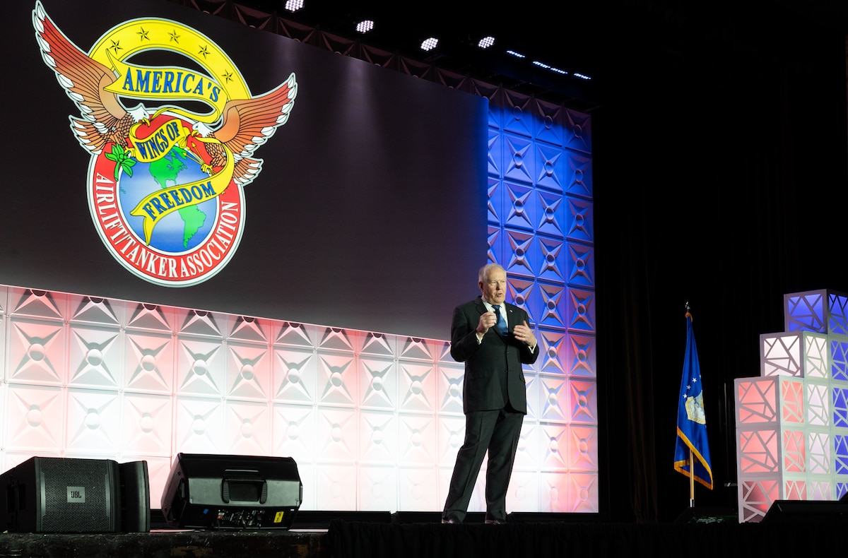 Secretary of the Air Force Frank Kendall addresses 1,000 Airmen, community leaders and industry partners during the 56th Annual Airlift/Tanker Association Symposium, Nov. 1, 2024, Grapevine, Texas. He discussed the U.S. Air Force's efforts to repoptimize for Great Power Competition and the need to modernize the force to better posture the Department of Defense to more effectively deter China. Summer 2025 stands as a testing ground for reoptimization as the Air Force and Air Mobility Command conduct major exercises in the Pacific, including Resolute Force Pacific (REFORPAC), Mobility Guardian 2025, and several others. (U.S. Air Force photo by Staff Sgt. Dalton Williams)