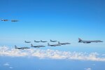 Fighter aircraft from the U.S., Japan, and the Republic of Korea conduct a trilateral escort flight of U.S. bombers operating in the Indo-Pacific, Nov. 3, 2024. Two U.S. F-16 from the 36th Fighter Squadron, 51st Fighter Wing flew with four Japan Air Self-Defense Force F-2s from the 8th Air Wing and four Republic of Korea Air Force F-15Ks from the 11th Fighter Wing to escort one U.S. Air Force B-1B Lancer. (U.S. Air Force photo by Senior Airman Maria Umanzor Guzman)