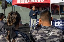 Todd Gloria, mayor of San Diego, gives a speech before the 2024 Marine Corps Recruit Depot San Diego Boot Camp Challenge at MCRD San Diego, California, Oct. 19, 2024. For the past 23 years, MCRD San Diego has hosted the Boot Camp Challenge, a three-mile obstacle course race guided by 60 drill instructors that highlights the physical and mental demands of bootcamp. The event fosters camaraderie and community engagement through interaction with MCRD personnel. (U.S. Marine Corps photo by Lance Cpl. Jacob Hutchinson)