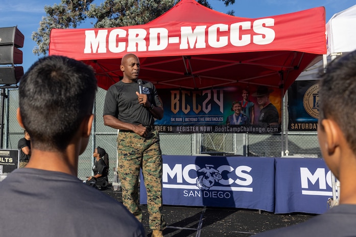 U.S. Marine Corps Brig. Gen. James A. Ryans II, commanding general, Marine Corps Recruit Depot San Diego and the Western Recruiting Region, gives a speech before the 2024 Marine Corps Recruit Depot San Diego Boot Camp Challenge at MCRD San Diego, California, Oct. 19, 2024. For the past 23 years, MCRD San Diego has hosted the Boot Camp Challenge, a three-mile obstacle course race guided by 60 drill instructors that highlights the physical and mental demands of bootcamp. The event fosters camaraderie and community engagement through interaction with MCRD personnel. (U.S. Marine Corps photo by Lance Cpl. Jacob Hutchinson)