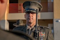 U.S. Marine Corps Lt. Col. Matthew Phelps, the commanding officer of 3rd Recruit Training Battalion, inspects a Marine with India Company, 3rd Recruit Training Battalion during a battalion commander inspection at Marine Corps Recruit Depot San Diego, California, Oct. 23, 2024. The Battalion Commander’s Inspection surveys new Marines for knowledge, bearing, and attention to detail as one of their last tests before graduating. (U.S. Marine Corps photo by Cpl. Sarah M. Grawcock)
