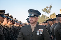 U.S. Marine Corps Lt. Col. Matthew Phelps, the commanding officer of 3rd Recruit Training Battalion, inspects Marines with India Company, 3rd Recruit Training Battalion during a battalion commander inspection at Marine Corps Recruit Depot San Diego, California, Oct. 23, 2024. The Battalion Commander’s Inspection surveys new Marines for knowledge, bearing, and attention to detail as one of their last tests before graduating. (U.S. Marine Corps photo by Cpl. Sarah M. Grawcock)