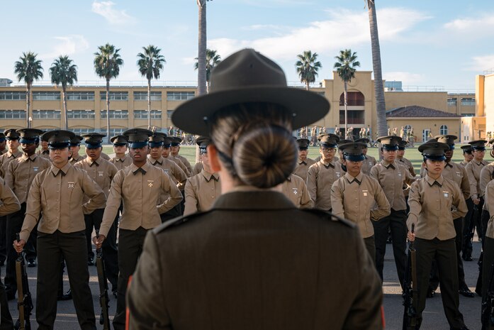 U.S. Marine Corps Staff Sgt. Savannah Pizano, a senior drill instructor with India Company, 3rd Recruit Training Battalion, participates in a battalion commander inspection at Marine Corps Recruit Depot San Diego, California, Oct. 23, 2024. The Battalion Commander’s Inspection surveys new Marines for knowledge, bearing, and attention to detail as one of their last tests before graduating. (U.S. Marine Corps photo by Cpl. Sarah M. Grawcock)