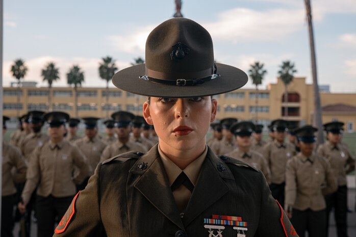 U.S. Marine Corps Staff Sgt. Savannah Pizano, a senior drill instructor with India Company, 3rd Recruit Training Battalion, participates in a battalion commander inspection at Marine Corps Recruit Depot San Diego, California, Oct. 23, 2024. The Battalion Commander’s Inspection surveys new Marines for knowledge, bearing, and attention to detail as one of their last tests before graduating. (U.S. Marine Corps photo by Cpl. Sarah M. Grawcock)