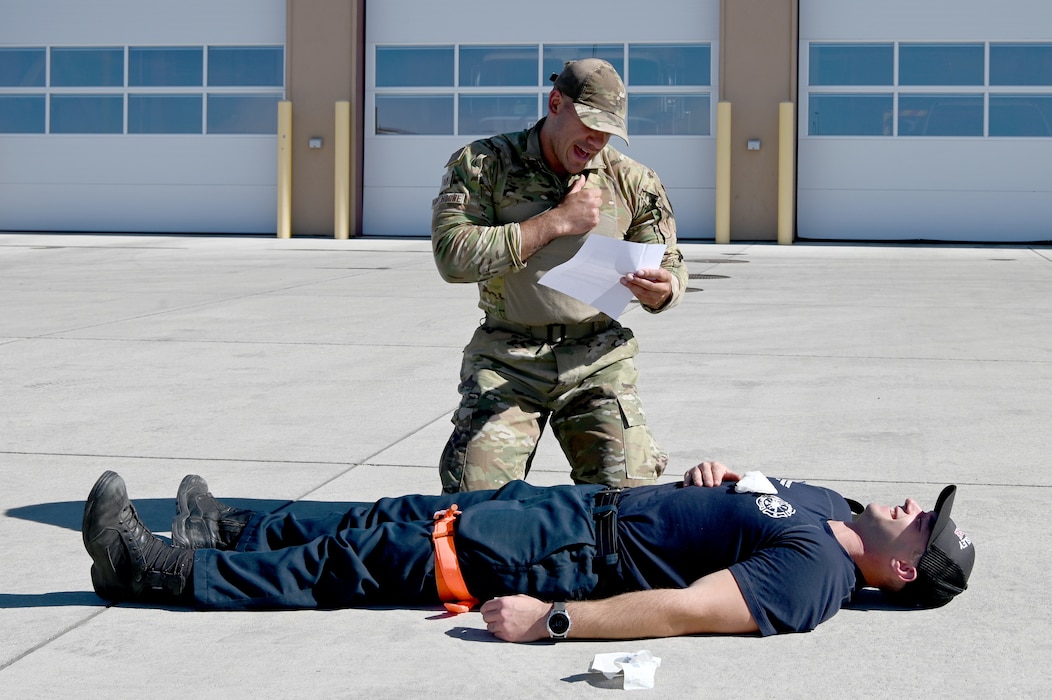 Airman calling in medic information on radio