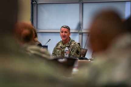 Air Force Gen. Steven Nordhaus, chief, National Guard Bureau, speaks with National Guard Adjutants General conference attendees at the Colorado National Guard’s 168th Regional Training Site, Fort Carson, Colorado, Oct. 29, 2024.