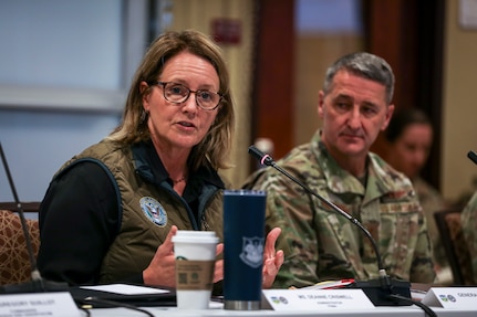 FEMA Administrator Deanne Criswell joins Air Force Gen. Steven Nordhaus, chief, National Guard Bureau, to speak with National Guard Adjutants General conference attendees at the Colorado National Guard’s 168th Regional Training Site, Fort Carson, Colorado, Oct. 29, 2024.