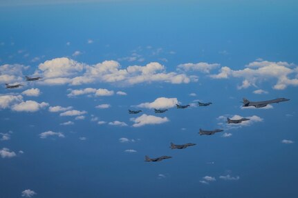 Fighter aircraft from the U.S., Japan, and the Republic of Korea conduct a trilateral escort flight of U.S. bombers operating in the Indo-Pacific, Nov. 3, 2024. Two U.S. F-16 from the 36th Fighter Squadron, 51st Fighter Wing flew with four Japan Air Self-Defense Force F-2s from the 8th Air Wing and four Republic of Korea Air Force F-15Ks from the 11th Fighter Wing to escort one U.S. Air Force B-1B Lancer. (U.S. Air Force photo by Senior Airman Maria Umanzor Guzman)