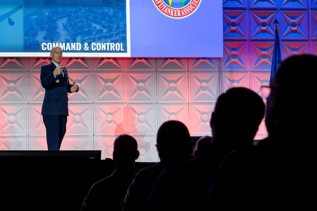 U.S. Air Force Chief of Staff Gen. David Allvin speaks to more than 1,000 Airmen, community leaders, and industry partners during the 56th Annual Airlift/Tanker Association Symposium, Nov. 2, 2024, Grapevine, Texas. Allvin emphasized the necessity of the Air Force to project power, develop people, generate readiness, and develop capabilities while stressing the significance that Mobility Air Forces will have on the future fight. (U.S. Air Force photo by Staff Sgt. Dalton Williams)