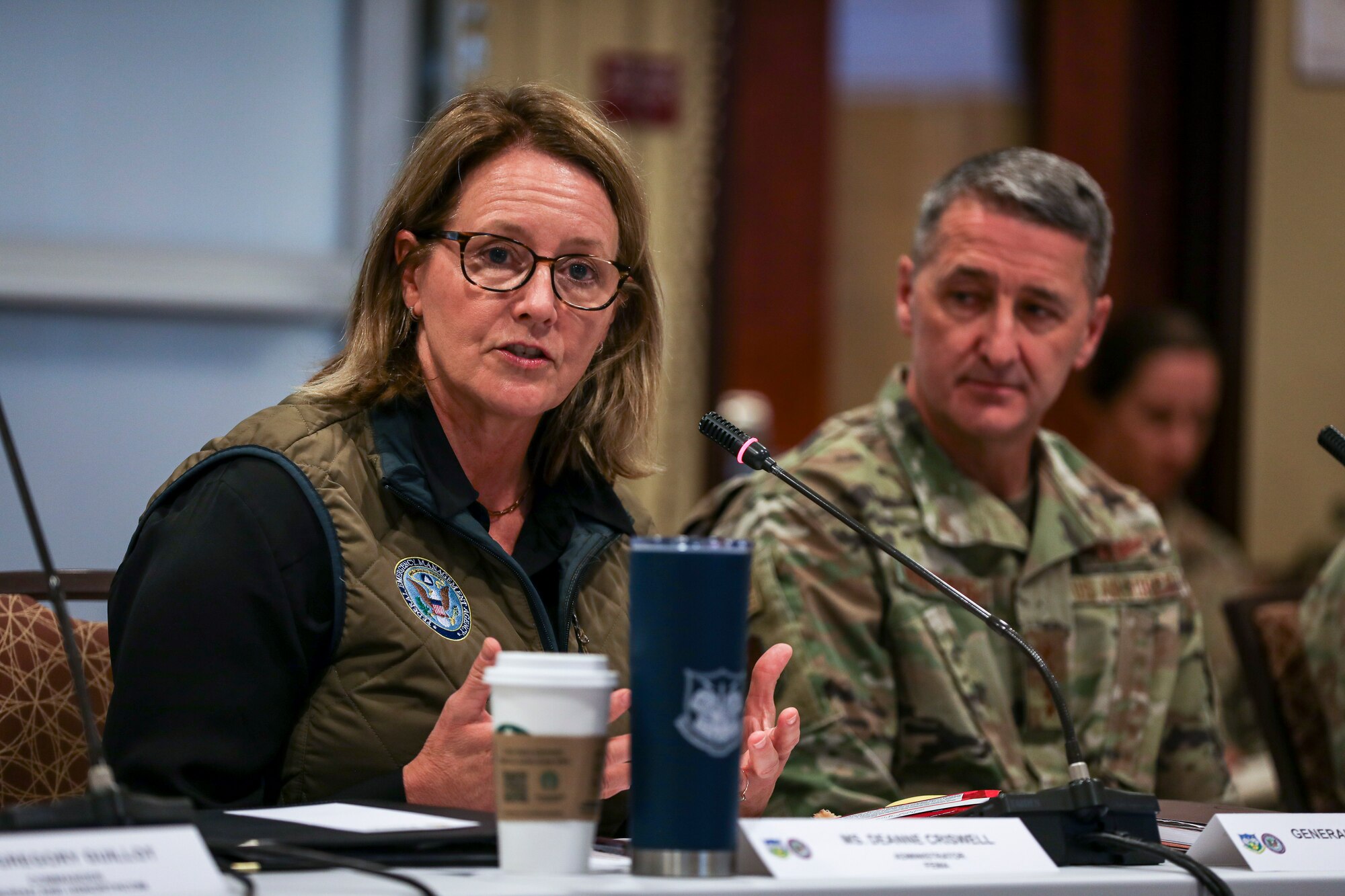 FEMA Administrator Deanne Criswell joins Air Force Gen. Steven Nordhaus, chief, National Guard Bureau, to speak with National Guard Adjutants General conference attendees at the Colorado National Guard’s 168th Regional Training Site, Fort Carson, Colorado, Oct. 29, 2024.