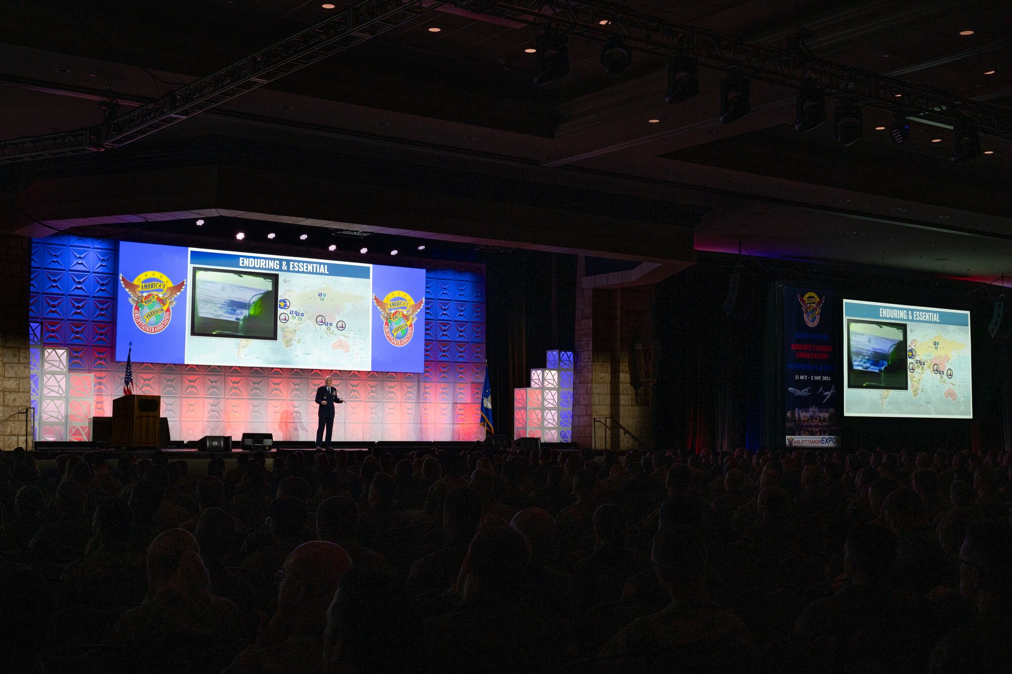 U.S. Air Force Chief of Staff Gen. David Allvin speaks to more than 1,000 Airmen, community leaders, and industry partners during the 56th Annual Airlift/Tanker Association Symposium, Nov. 2, 2024, Grapevine, Texas. Allvin emphasized the necessity of the Air Force to project power, develop people, generate readiness, and develop capabilities while stressing the significance that Mobility Air Forces will have on the future fight. (U.S. Air Force photo by Staff Sgt. Dalton Williams)