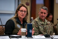 FEMA Administrator Deanne Criswell joins Air Force Gen. Steven Nordhaus, chief, National Guard Bureau, to speak with National Guard Adjutants General conference attendees at the Colorado National Guard’s 168th Regional Training Site, Fort Carson, Colorado, Oct. 29, 2024.