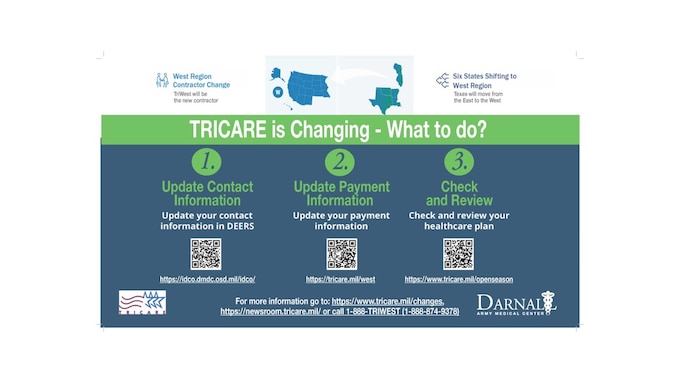 Texas is one of six states moving from TRICARE East to TRICARE West. Starting Jan. 1, 2025, TriWest Healthcare Alliance will be the new regional contractor in the TRICARE West Region. Beneficiaries are encouraged to prepare now! 

What to do: 
Update your contact information in DEERS: 
     https://www.tricare.mil/Plans/Eligibility/DEERS 

Update your Payment Information: 
     If you pay enrollment or premium payments by credit card or bank transfer, you will need to transfer your payment information by Dec. 31. Information regarding setting up premium payments can be found here: https://www.tricare.mil/west or by calling 1-888-TRIWEST (874-9378). 
     If you have payments set up on automatic allotment from a military pay system, the allotment payment information will automatically transfer to TriWest in January. 

Check and Review your Healthcare Plan: 
     Check if your providers are in the TriWest network. Starting in early November, a link to the new TRICARE West Region provider directory can be found at https://www.tricare.mil/west. 
     Review and make changes to your current healthcare plan during Open Season (Nov. 11 through Dec. 10) through TriWest. https://www.tricare.mil/openseason. 

For more information: https://www.tricare.mil/changes.