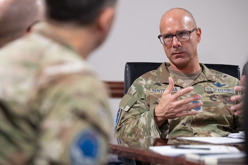 Chief Master Sgt. of the Space Force John Bentivegna speaks to 20th Space Surveillance Squadron Guardians.