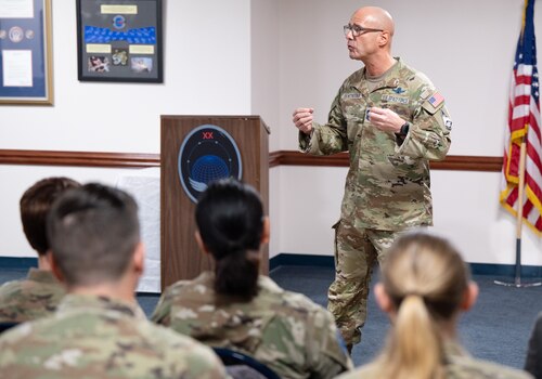 Chief Master Sgt. of the Space Force John Bentivegna speaks to Guardians.