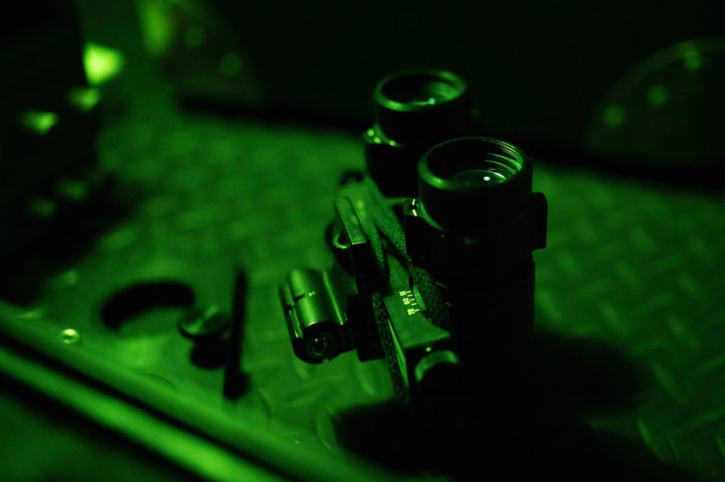 A pair of night vision goggles wait to be inspected at the Aircrew Flight Equipment warehouse at Dover Air Force Base, Delaware, Nov. 1, 2024. The AFE team provides inspections and maintenance for flight safety equipment such as parachutes, emergency escape slides and life rafts for the C-5M Super Galaxy and C-17 Globemaster III. (U.S. Air Force photo by Airman 1st Class Liberty Matthews)