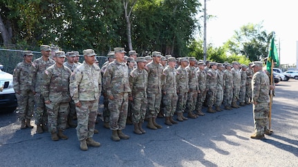 U.S. Soldiers assigned to the 755th Military Police Company of the 92nd Military Police Brigade, Puerto Rico Army National Guard, stand in formation at Luis Muñoz Marín International Airport, San Juan, Puerto Rico, Nov. 3, 2024