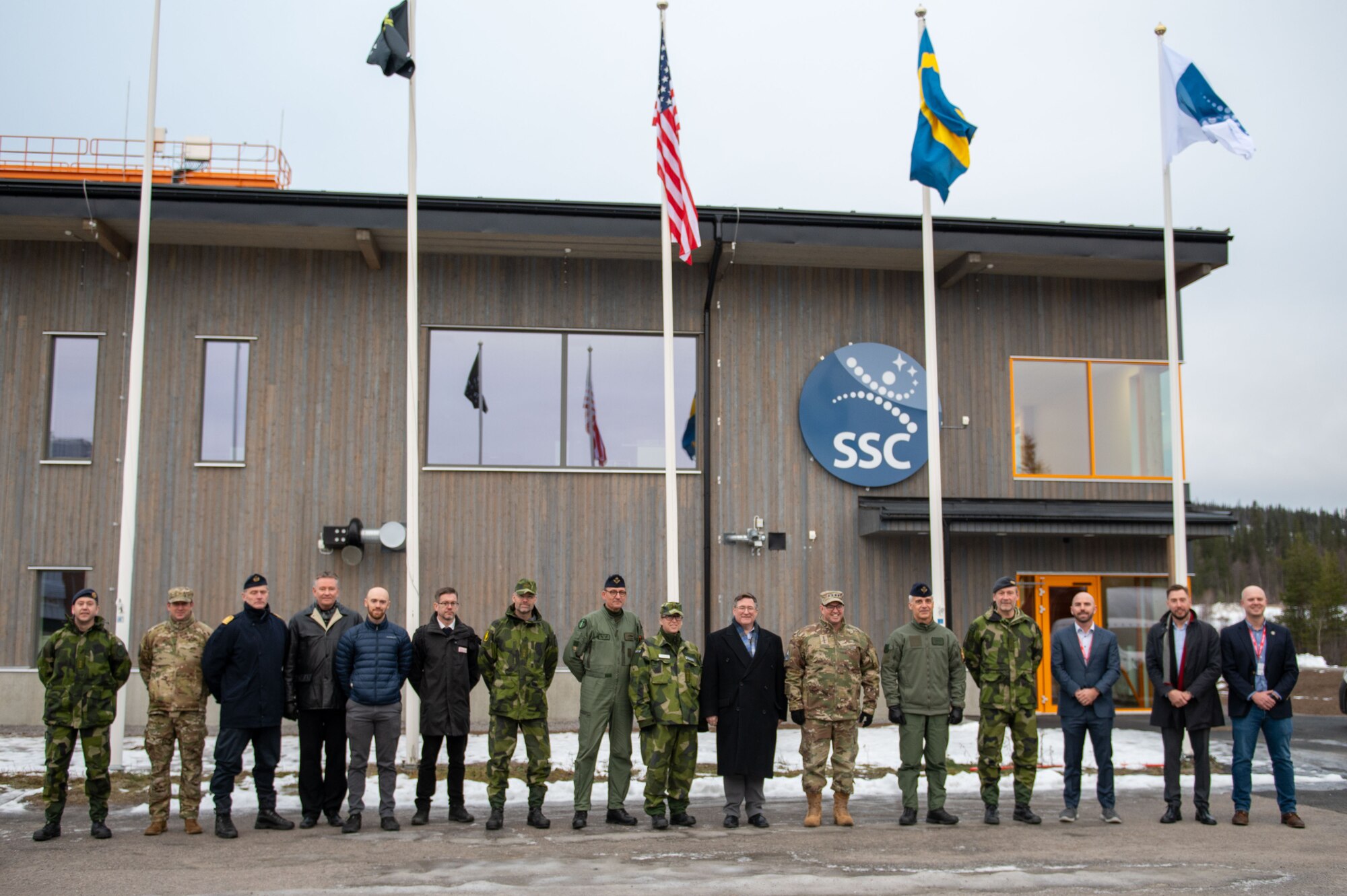 U.S. Space Force Chief of Space Operations Gen. Chance Saltzman stands alongside the U.S. Ambassador to Sweden, Erik D. Ramanathan, Swedish air force commander Maj. Gen. Jonas Wikman and other members of a Swedish delegation outside the Swedish Space Corporation in Kiruna, Sweden, Oct. 29, 2024. Saltzman’s visit with Swedish partners centered around the nation’s vision for military capabilities in space and continued partnership with the U.S. (Courtesy photo by Swedish Armed Forces)
