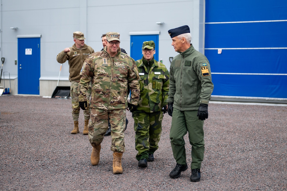 U.S. Space Force Chief of Space Operations Gen. Chance Saltzman walks with Swedish air force commander, Maj. Gen. Jonas Wikman and Col. Ella Carlsson, Swedish air force chief of space capabilities and development, at Esrange Space Center in Kiruna, Sweden, Oct. 29, 2024. Saltzman’s visit with Swedish partners centered around the nation’s vision for military capabilities in space and continued partnership with the U.S. (Courtesy photo by Swedish Armed Forces)