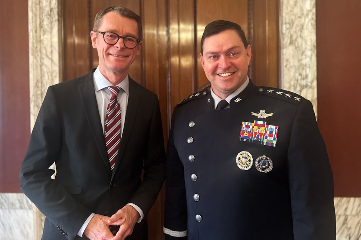 U.S. Space Force Chief of Space Operations Gen. Chance Saltzman meets with Sweden’s State Secretary for Defence, Peter Sandwall during a visit to the Swedish Ministry of Defence in Stockholm, Sweden, Oct. 30, 2024. Saltzman’s engagements in Sweden focused on cooperation, and advancing shared interests in the space domain. (Courtesy photo by Swedish Ministry of Defence)