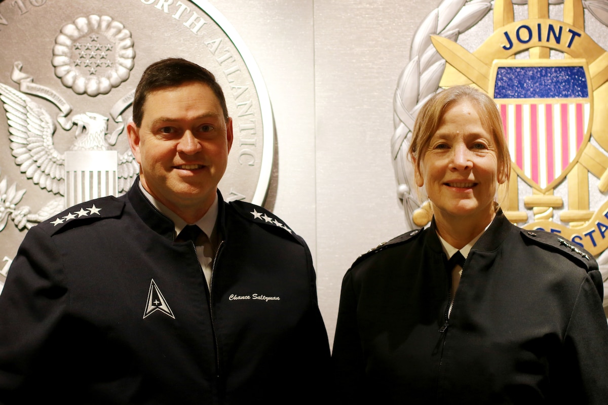U.S. Space Force Chief of Space Operations Gen. Chance Saltzman stands with U.S. Navy Vice Adm. Shoshana Chatfield, the U.S. Military Representative to the NATO Military Committee, during a visit to the NATO Headquarters in Brussels, Belgium, Oct. 31, 2024. Saltzman and Chatfield discussed NATO’s approach to space, the importance of interoperability, and opportunities to deepen collaboration across the alliance. (U.S. Army photo by Sgt. 1st Class William Howard)
