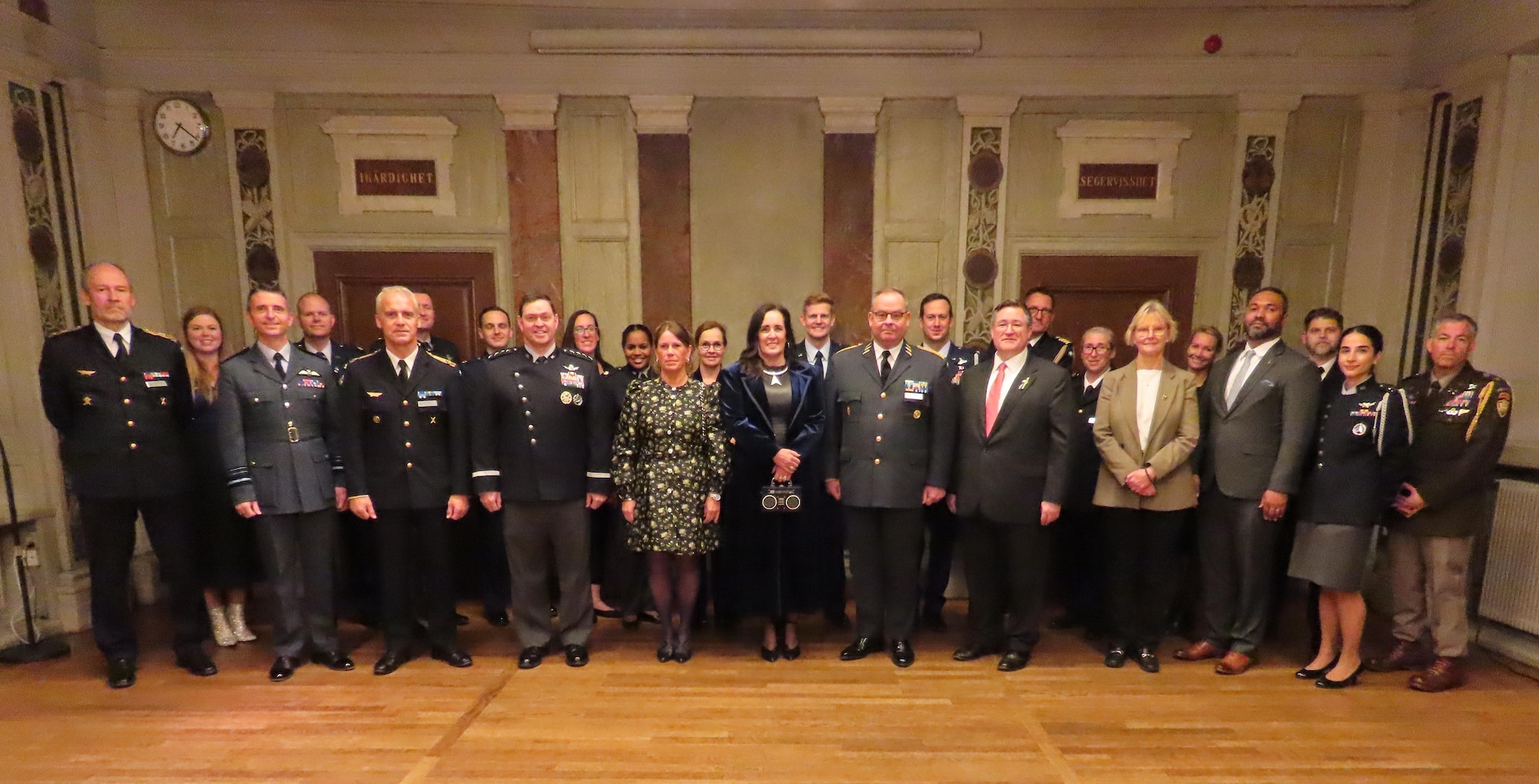 U.S. Space Force Chief of Space Operations Gen. Chance Saltzman poses for a group photo alongside U.S. Ambassador to Sweden, Erik D. Ramanathan, Sweden’s Chief of Defence, Gen. Michael Claesson, Swedish air force commander Maj. Gen. Jonas Wikman, U.S. Space Force Assistant Chief of Space Operations for Future Concepts and Partnerships, Air Marshal Paul Godfrey, and members of the U.S. Space Force and Swedish Armed Forces delegations in Karlberg Palace, Stockholm, Sweden, Oct. 29, 2024. Saltzman and Godfrey traveled to Europe to meet with defense and military space leaders from Norway, Sweden, and NATO to reaffirm and strengthen space security cooperation. (Courtesy photo by Swedish Armed Forces)