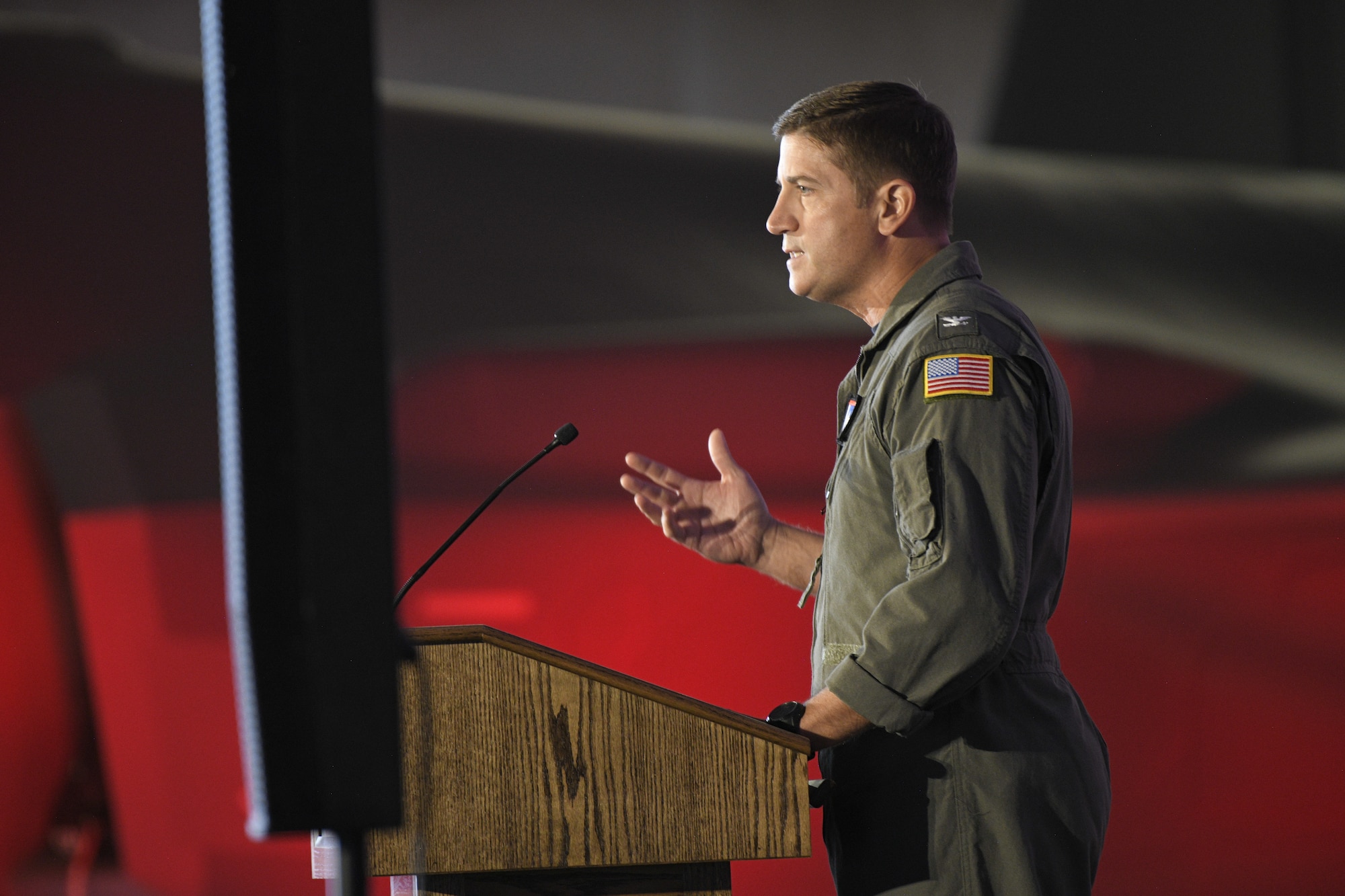 Commanding Officer of Naval Air Station Joint Reserve Base Fort Worth, Capt. Beau Hufstetler speaks to guests at the F-35 Aircraft Arrival ceremony at NAS JRB Fort Worth on Nov. 2, 2024. The ceremony marks a new era for the wing with the arrival of the F-35A Lightning II, the most advanced, connected fighter aircraft in the world.