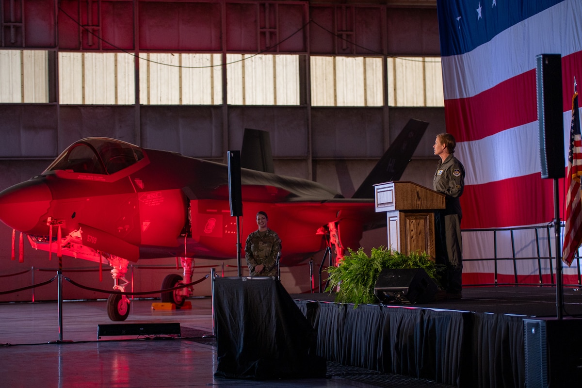 Maj. Gen. Gina Sabric, Commander of 10th Air Force, addresses attendees at the 301st Fighter Wing’s F-35A Lightning II arrival ceremony, celebrating the wing’s historic transition to becoming the Air Force Reserve's first stand-alone F-35 unit.