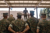 U.S. Marine Corps Sgt. Rafael Garcia Jr., a drill instructor with India Company, 3rd Recruit Training Battalion, observes recruits cleaning rifles during a M16A4 service rifle de-issue at Marine Corps Recruit Depot San Diego, California, Oct. 23, 2024. After carrying their rifles throughout recruit training the new Marines will properly clean and de-issue their rifles to extend the life of the rifles and allow more time to maintain them for future recruits. (U.S. Marine Corps photo by Cpl. Sarah M. Grawcock)
