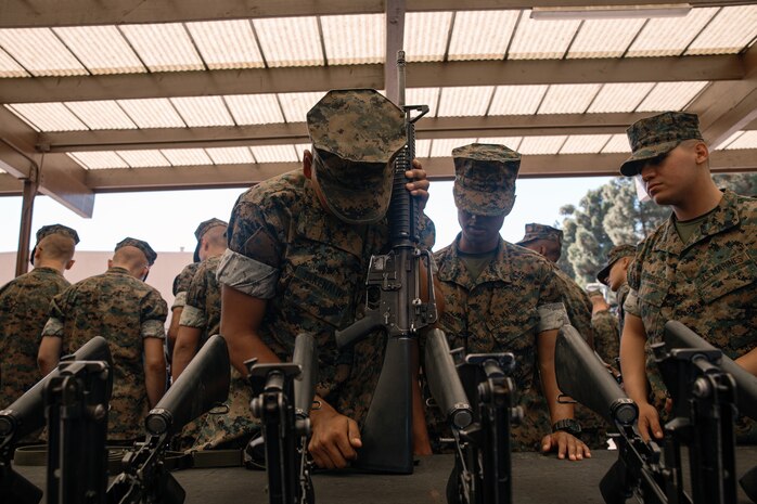 U.S. Marines with India Company, 3rd Recruit Training Battalion, clean their rifles during a M16A4 service rifle de-issue at Marine Corps Recruit Depot San Diego, California, Oct. 23, 2024. After carrying their rifles throughout recruit training the new Marines will properly clean and de-issue their rifles to extend the life of the rifles and allow more time to maintain them for future recruits. (U.S. Marine Corps photo by Cpl. Sarah M. Grawcock)