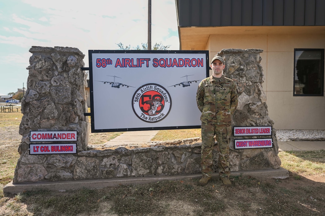 U.S. Air Force Senior Airman Garrett Royce, 58th Airlift Squadron (AS) instructor loadmaster, poses for a photo at Altus Air Force Base, Oklahoma, Oct. 28, 2024. Royce decided to join the military at a young age, inspired by his older brother in the Marine Corps. (U.S. Air Force photo by Airman 1st Class Jonah Bliss)