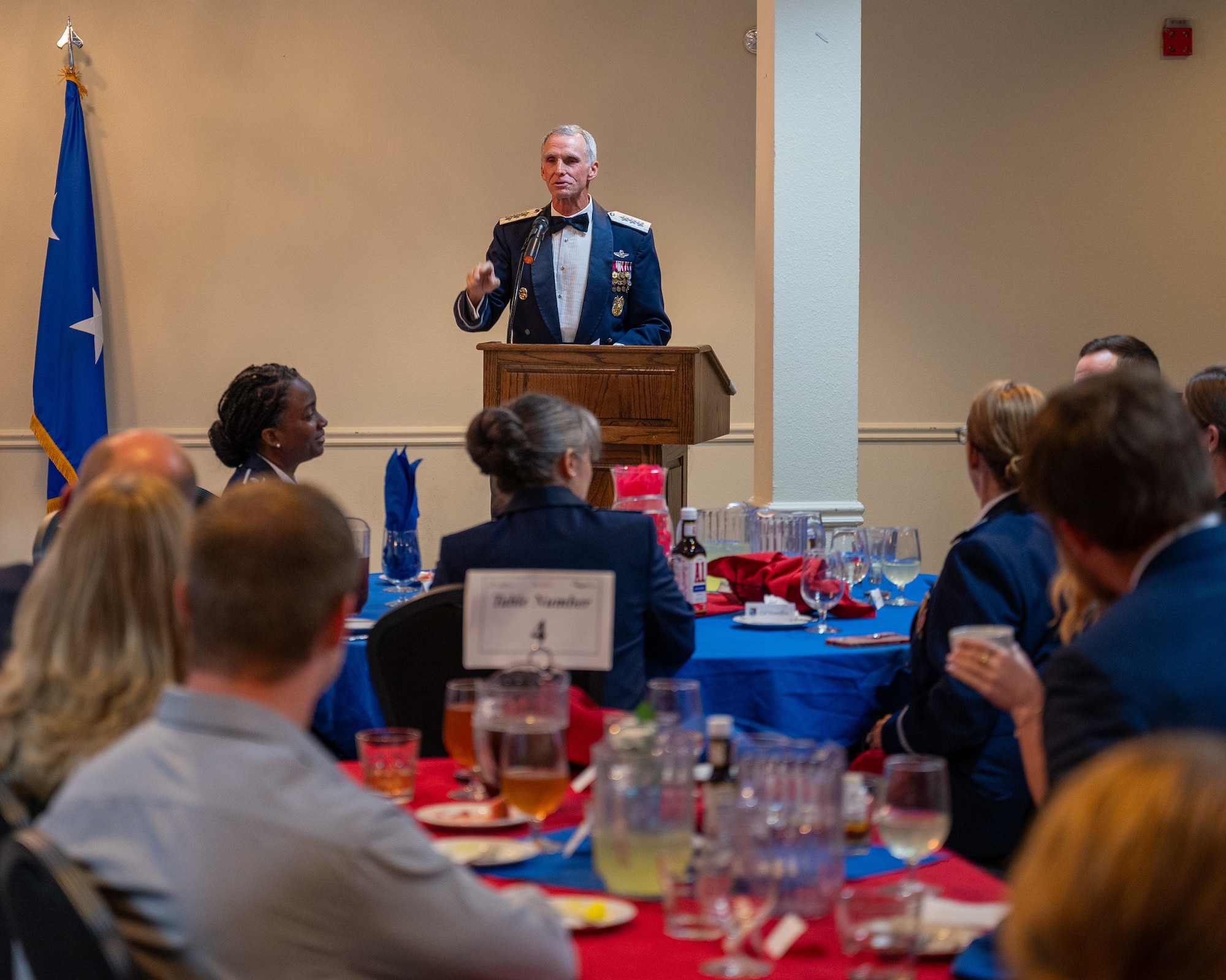 Retired U.S. Air Force Lt. Gen. Anthony Rock, speaks to the attendees at the graduation of Undergraduate Pilot Training Class 25-02 at Laughlin Air Force Base, Texas, Nov. 1, 2024. Gen. Rock spoke about his time in the Air Force and how the Air Force changed over the years and the new generation of Airmen will continue the mission. (U.S. Air Force photo by Staff Sgt. Nicholas Larsen)