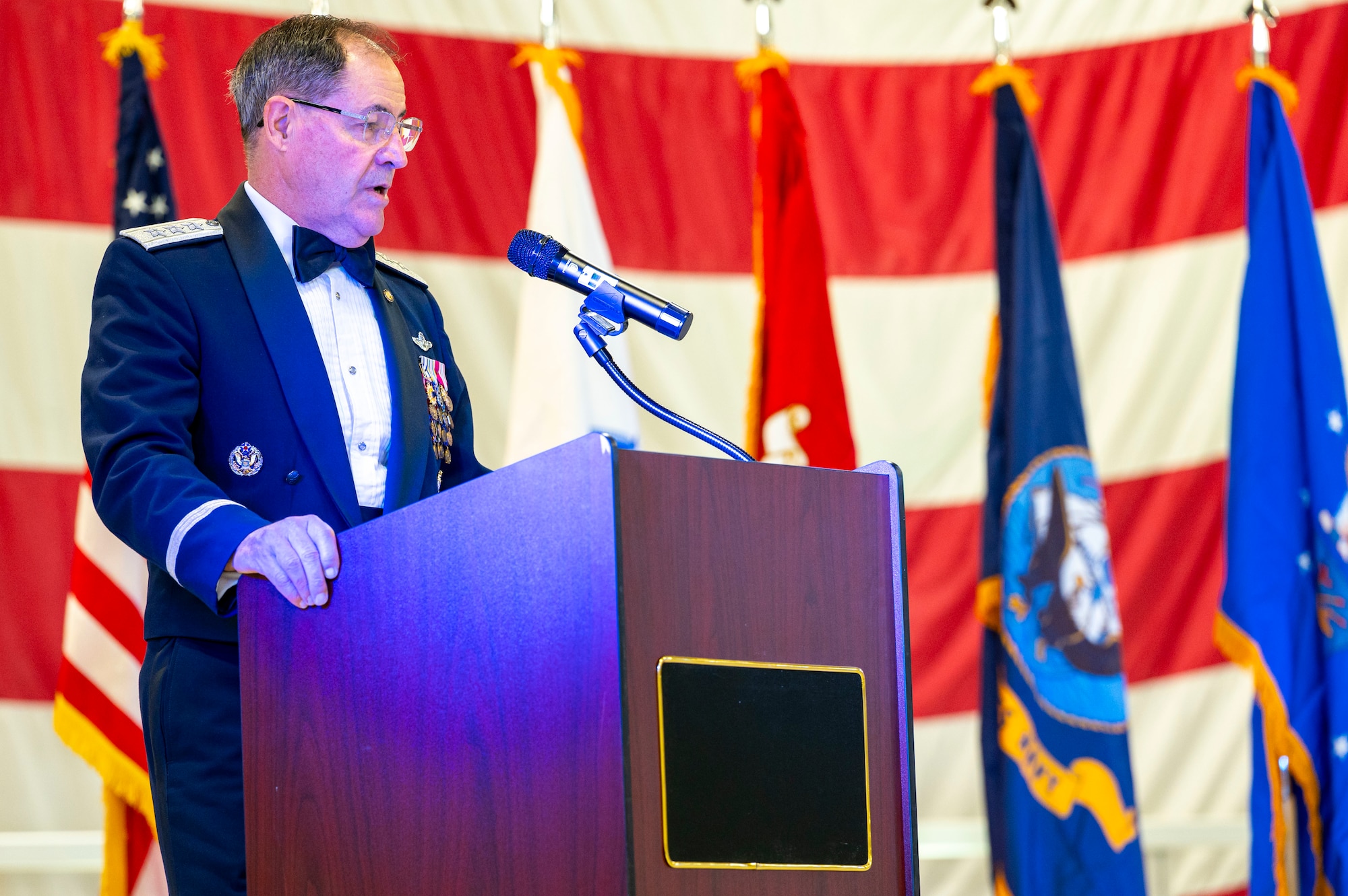 Retired Lt. Gen. Marc Rogers, Inspector General of the Air Force, gives a speech during the 2024 Holloman Air Force Ball at Holloman Air Force Base, New Mexico, Nov. 2, 2024.