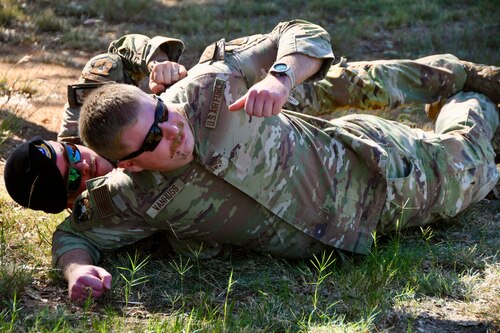 Airmen practice detainment exercises during a Mission Ready Airman exercise Oct. 21-24, 2024, at Sheppard Air Force Base, Texas.