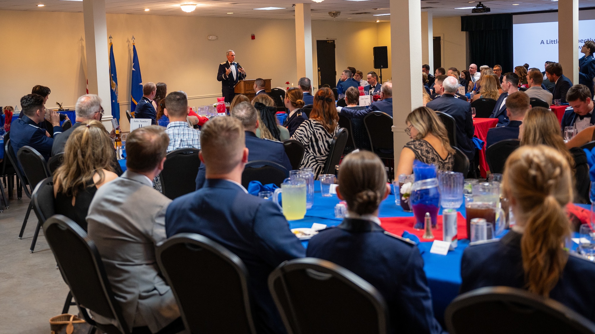 Retired U.S. Air Force Lt. Gen. Anthony Rock, speaks to the attendees at the graduation of Undergraduate Pilot Training Class 25-02 at Laughlin Air Force Base, Texas, Nov. 1, 2024. Gen. Rock spoke about his time in the Air Force and how the Air Force changed over the years and the new generation of Airmen will continue the mission. (U.S. Air Force photo by Staff Sgt. Nicholas Larsen)