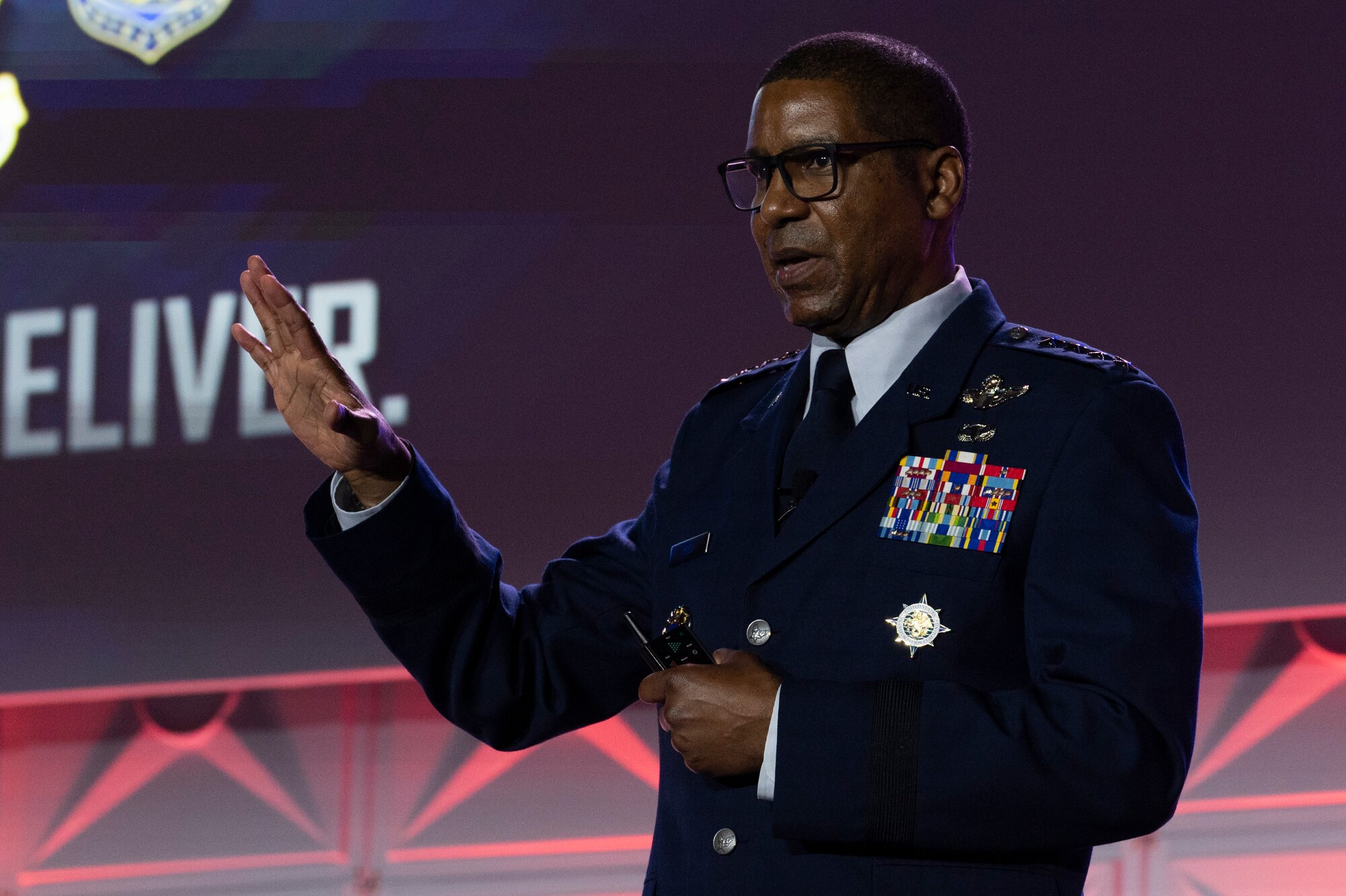 U.S. Air Force Gen. Randall Reed, U.S. Transportation Command commander, speaks to more than 1,000 Airmen, community leaders and industry partners during the 56th Annual Airlift/Tanker Association Symposium, Nov. 2, 2024, Grapevine, Texas. Reed closed the symposium with thoughts on mobility culture and the importance of Airmen's readiness and resolve while they reoptimization for the Great Power Competition and maintain global support to combat commands.  (U.S. Air Force photo by Staff Sgt. Dalton Williams)