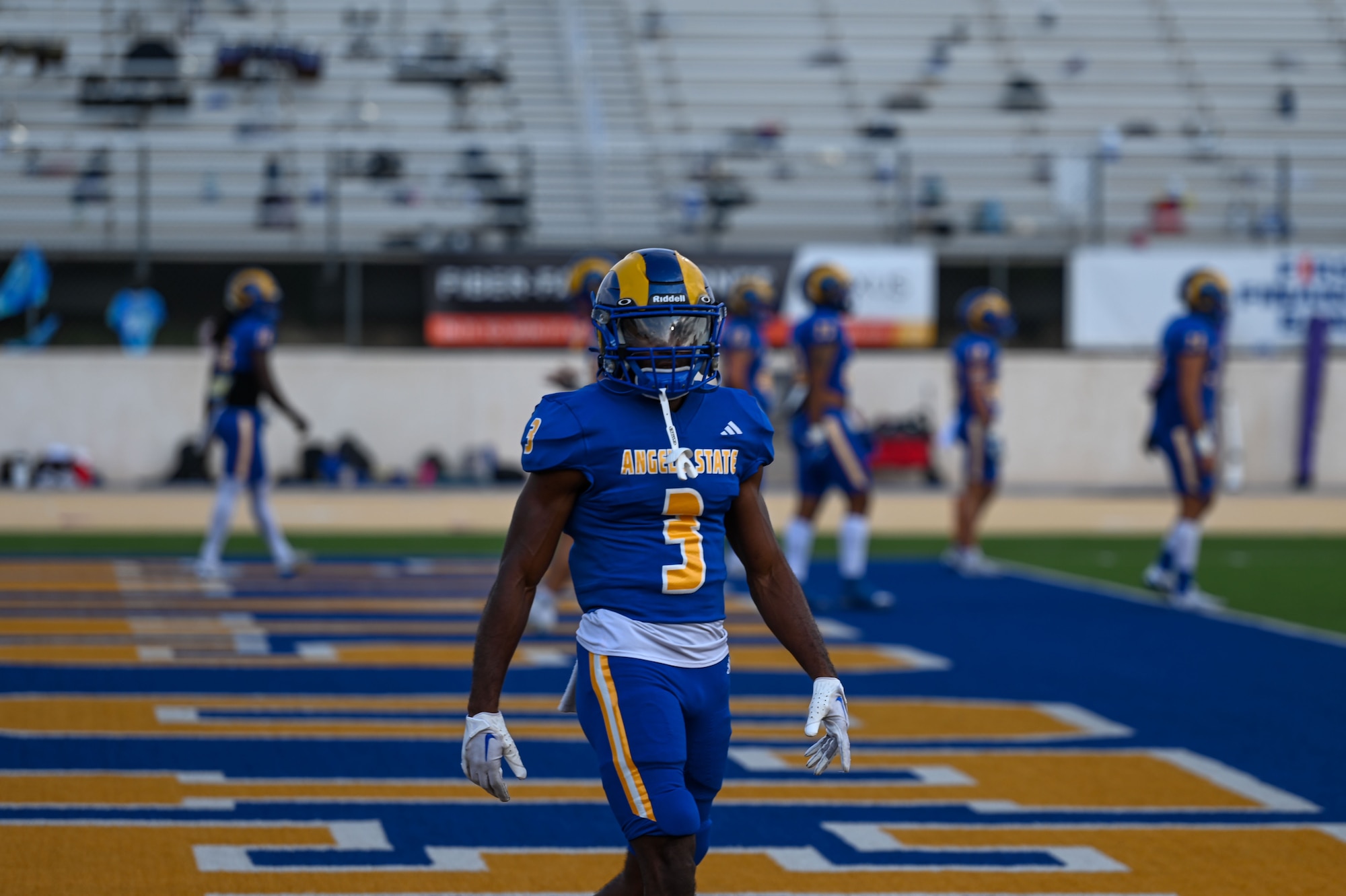 Andrew Pitts, Angelo State University cornerback, warms up for the Military Appreciation game at the 1st Community Credit Union Field at LeGrand Stadium, San Angelo, Texas, Nov. 2, 2024. The ASU Rams won their seventh game in a row, with a win this weekend against Central Washington University. (U.S. Air Force photo by Airman 1st Class James Salellas)
