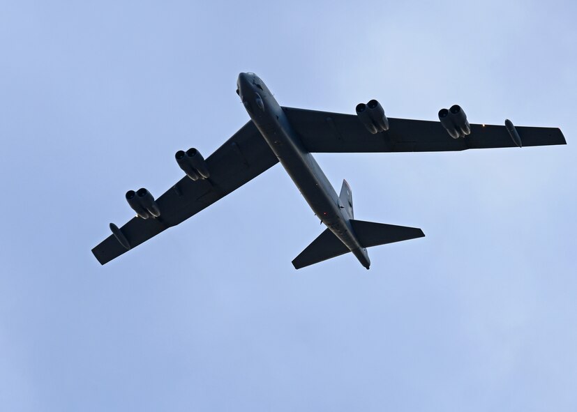 A B-52 Stratofortress, flying from the 69th Bomb Squadron, Minot Air Force Base, flies across the football field as part of the annual Angelo State University Military Appreciation Game at the 1st Community Credit Union Field at LeGrand Stadium, San Angelo, Texas, Nov. 2, 2024. The B-52 is an American long-range, subsonic jet bomber, designed by Boeing and in service with the U.S. Air Force since the 1950s. (U.S. Air Force photo by Staff Sgt. Ethan Sherwood)