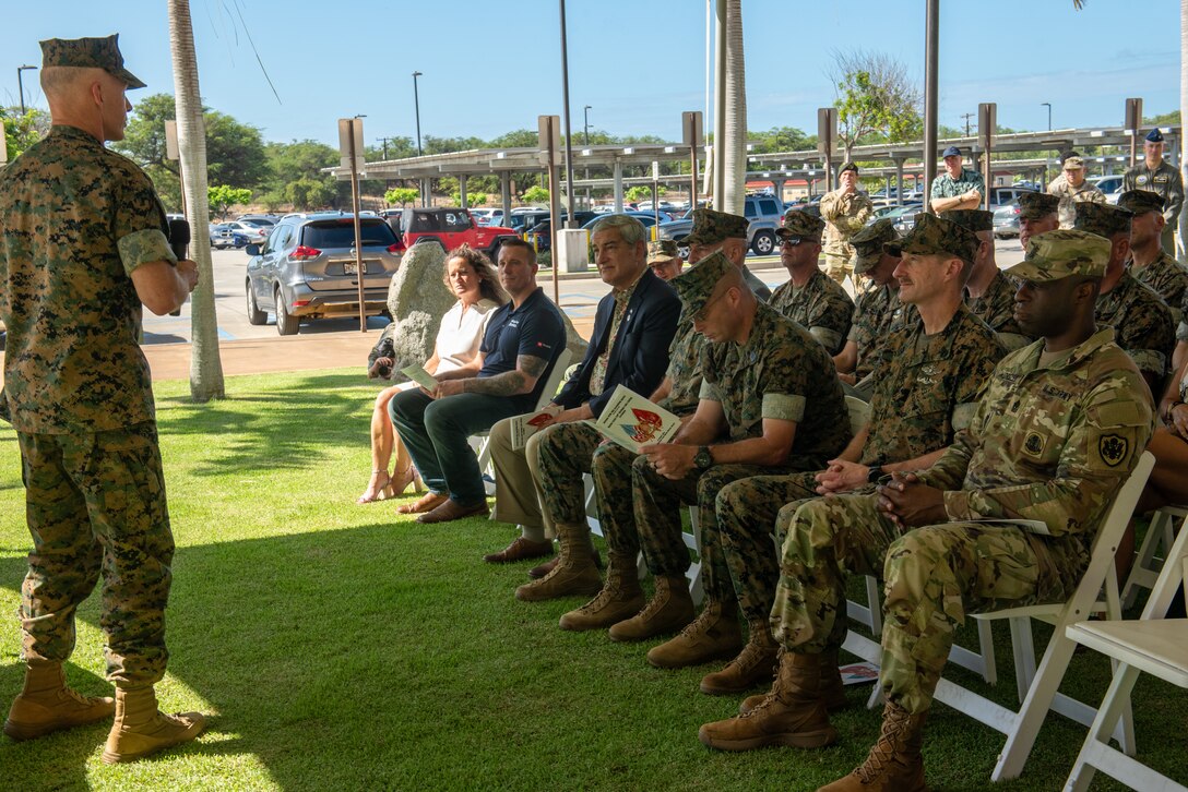U.S. Marine Corps Lt. Gen. James F. Glynn, U.S. Marine Corps Forces, Pacific commander, speaks to guests during the Marine Corps birthday ceremony at Defense POW/MIA Accounting Agency (DPAA) on Joint Base Pearl Harbor-Hickam, Hawaii, Oct. 31, 2024. DPAA Marines were joined by Marine Corps Forces, Pacific senior leaders and DPAA senior leadership to celebrate the 249th Marine Corps birthday, highlighting the overlap of commitment, pride, and professionalism these two organizations share. DPAA's mission is to provide the fullest possible accounting of U.S. personnel to their families and the nation. (U.S Marine Corps photo by Sgt. Lesley Cisneros)