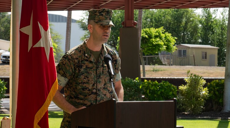 U.S. Marine Corps Lt.Col. Jeremy B. Smith, deputy director Indo-Pacific Directorate, Defense POW/MIA Accounting Agency (DPAA), speaks to guests during the Marine Corps birthday ceremony at DPAA on Joint Base Pearl Harbor-Hickam, Hawaii, Oct. 31, 2024. DPAA Marines were joined by Marine Corps Forces, Pacific senior leaders and DPAA senior leadership to celebrate the 249th Marine Corps birthday, highlighting the overlap of commitment, pride, and professionalism these two organizations share. DPAA's mission is to provide the fullest possible accounting of U.S. personnel to their families and the nation. (U.S Marine Corps photo by Sgt. Lesley Cisneros)