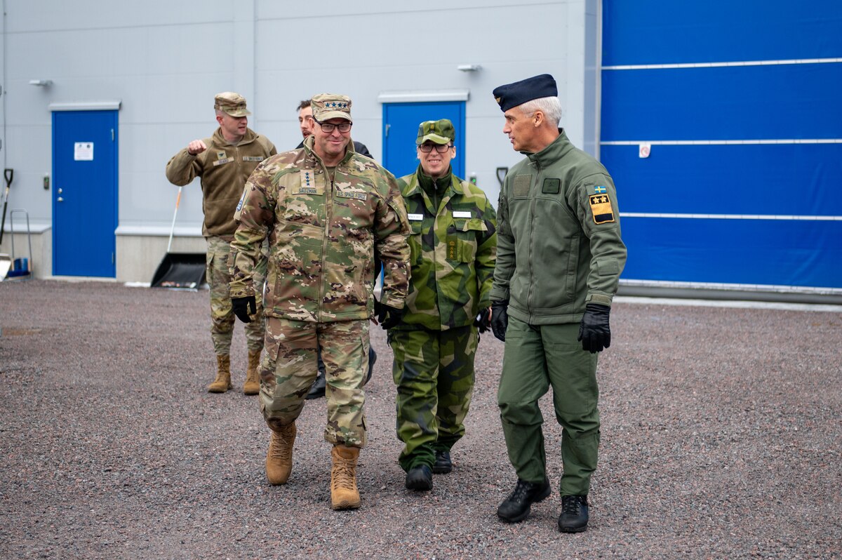 U.S. Space Force Chief of Space Operations Gen. Chance Saltzman walks with Swedish air force commander, Maj. Gen. Jonas Wikman and Col. Ella Carlsson, Swedish air force chief of space capabilities and development, at Esrange Space Center in Kiruna, Sweden, Oct. 29, 2024. Saltzman’s visit with Swedish partners centered around the nation’s vision for military capabilities in space and continued partnership with the U.S. (Courtesy photo by Swedish Armed Forces)