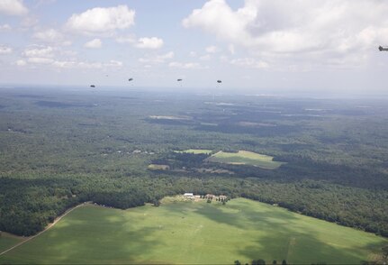 LeapFest competitors used a steerable, parabolic parachute designed for static line jumps from a CH-47 Chinook helicopter at 1500 feet.